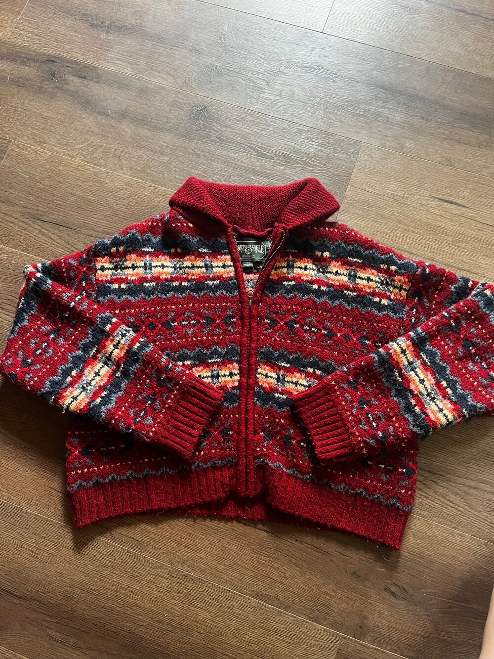American Eagle Fair Isle Full Zip Sweater Women’s L Red Nordic Cabincore